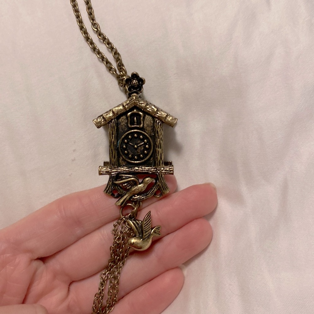 Vintage long chain cuckoo clock necklace